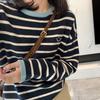Large Size Loose and Lazy Knitted Bottoming Shirt Women's Autumn Casual and Thin Embroidered Top Contrasting Color Striped Soft Waxy Sweater
