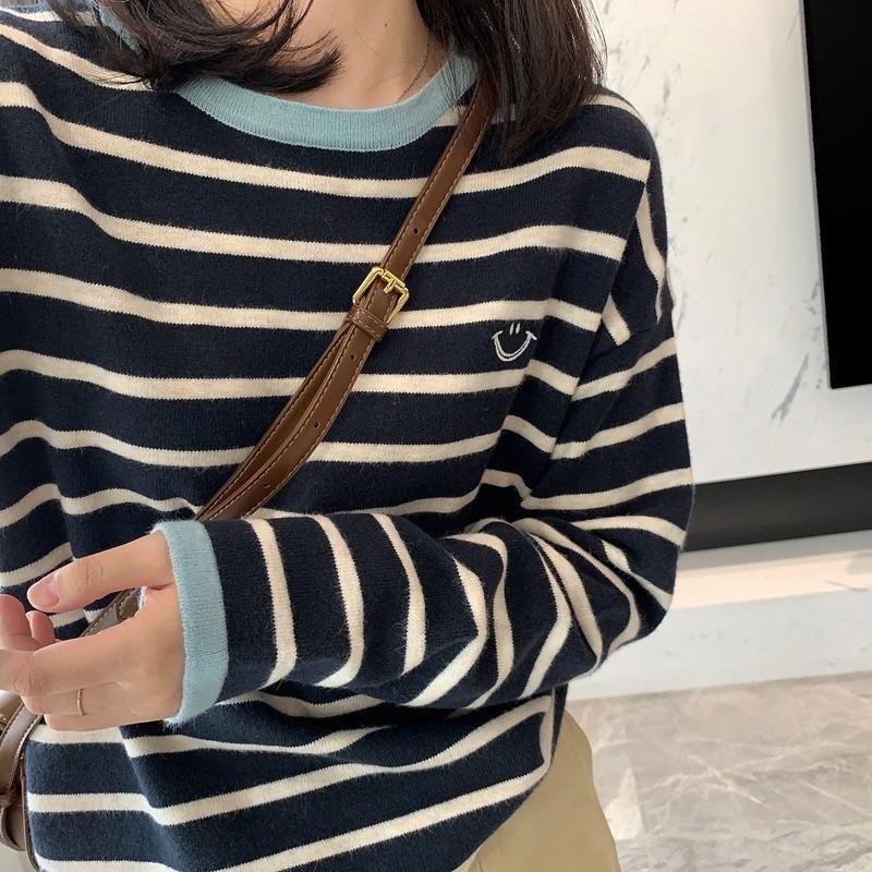 Large Size Loose and Lazy Knitted Bottoming Shirt Women's Autumn Casual and Thin Embroidered Top Contrasting Color Striped Soft Waxy Sweater
