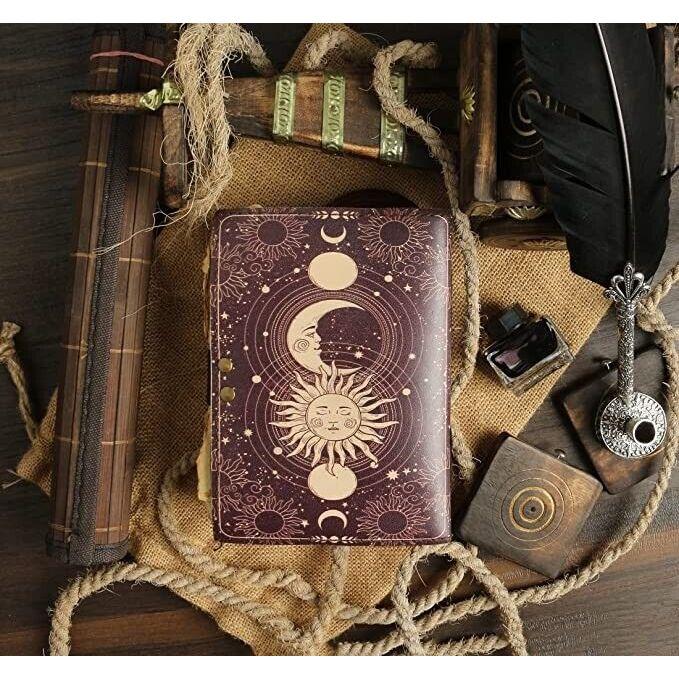 Sun & moon vintage kožený deník • papír s okrajem, kniha stínů