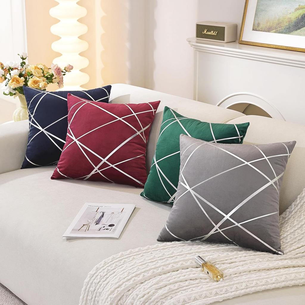 TAOSON Pack of 4,Velvet Cushion Cases Decorative Silver Foil Geometric Lines Pattern Throw Pillow Covers for Modern Homes Couch Sofa Bedroom Living