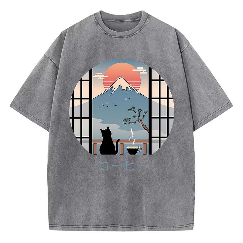 T Shirt Vintage Washed 100% Cotton T-Shirt Japanese Style with Mountain Cat Graphic Tee Casual Streetwear Spring Summer Fall