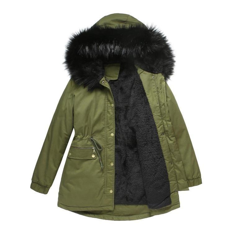 Warm Fluffy Winter Jacket Medium Long Hooded Collar Parker Coat Cotton Zipper Coat