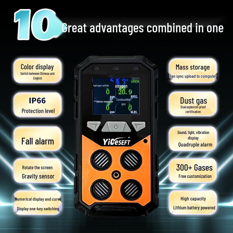 4-in-1 Gas Detector: Combustible, Oxygen, Hydrogen Sulfide, Carbon Monoxide Leak Alarm