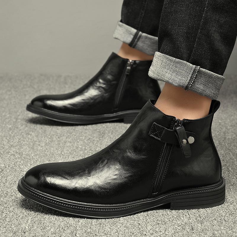 Chelsea Leather Boots Men's 2025 Autumn and Winter New Fleece Thickened Cotton Shoes Youth Medium and High Top Men's Martin Boots Tide