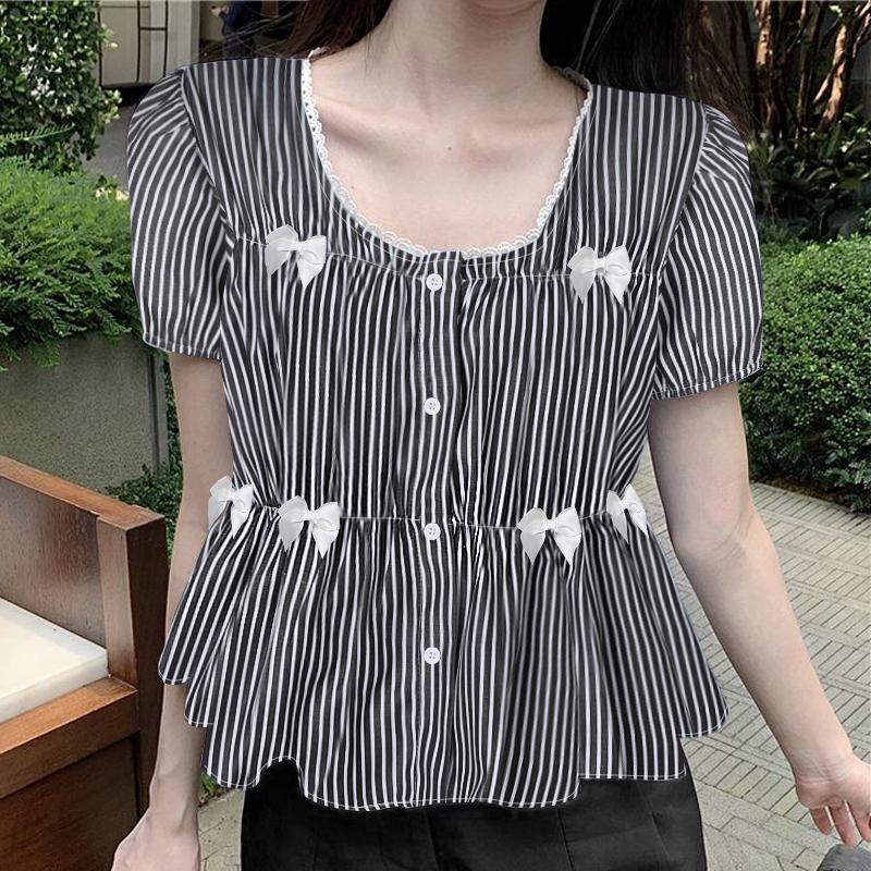 

VONDA Женские летние кружевные блузки с круглым вырезом в полоску с коротким рукавом S чёрный