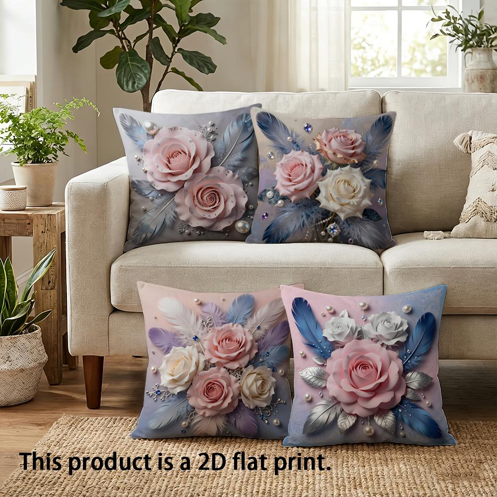 1/4pcs Floral Feather Embellished Pillow Covers Sofa Cushion Cover Home Bedroom Room Decoration