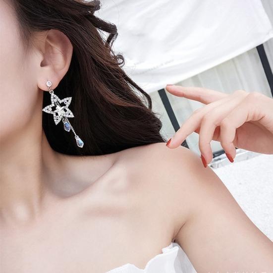 Shiny Rhinestone Hollow Star Tassel Dangle Stud Earrings Women Jewelry