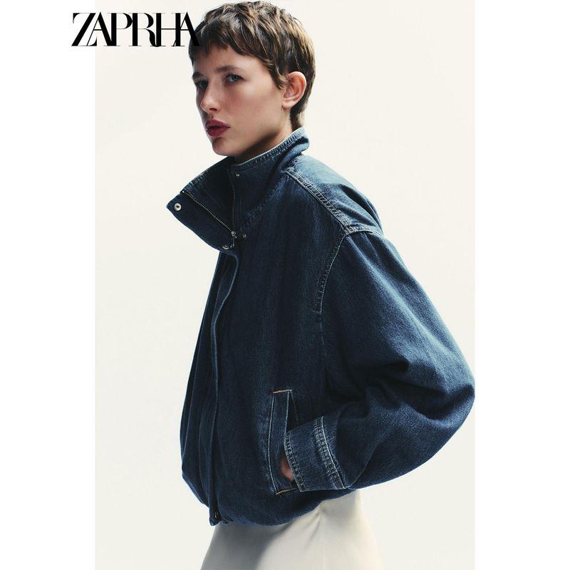Zaprha 2025 Autumn New Women Fashion Stand Collar Long sleeve Drop Shoulder Denim jacket All-Match Outerwear 1300070
