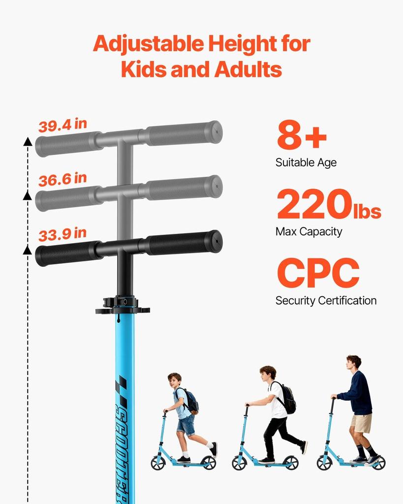 Kick Scooter for Kids Ages 8+, Teens & Adults, 2-Wheel Toddler Scooter with Adjustable Height Handlebar, Wide Anti-Slip Deck, Foldable Lightweight for