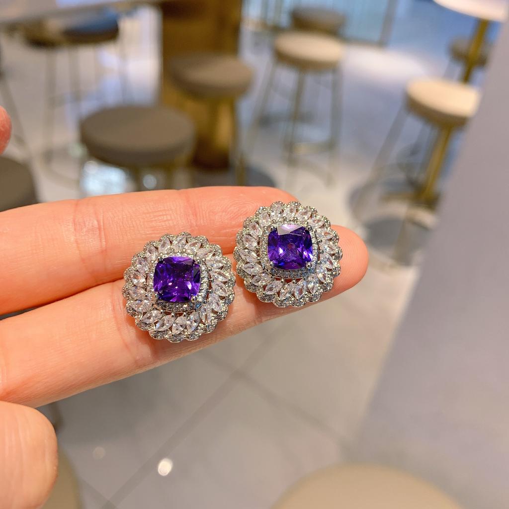 Jewelry Retro Imitation Pigeon Purple Blue Zirconium Square Luxury Inlaid Pendant Earrings Ring Jewelry Set