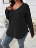 Women's V-neck Long-sleeved Ribbed Brushed T-shirt Loose Pullover Sweater