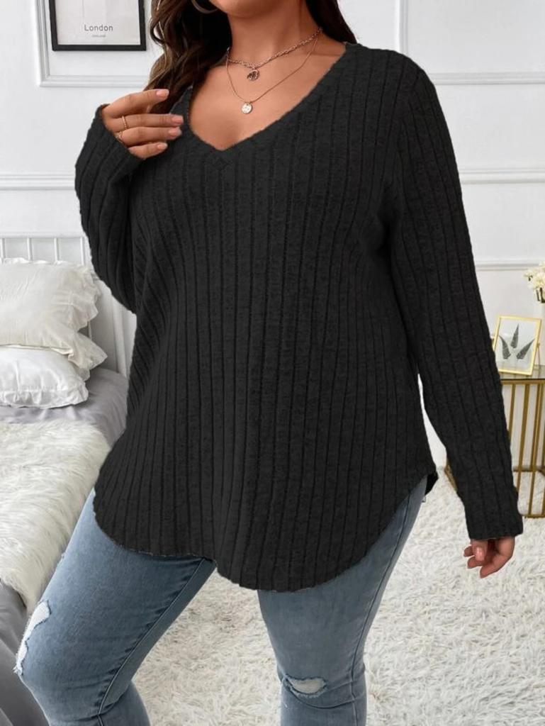 Women's V-neck Long-sleeved Ribbed Brushed T-shirt Loose Pullover Sweater