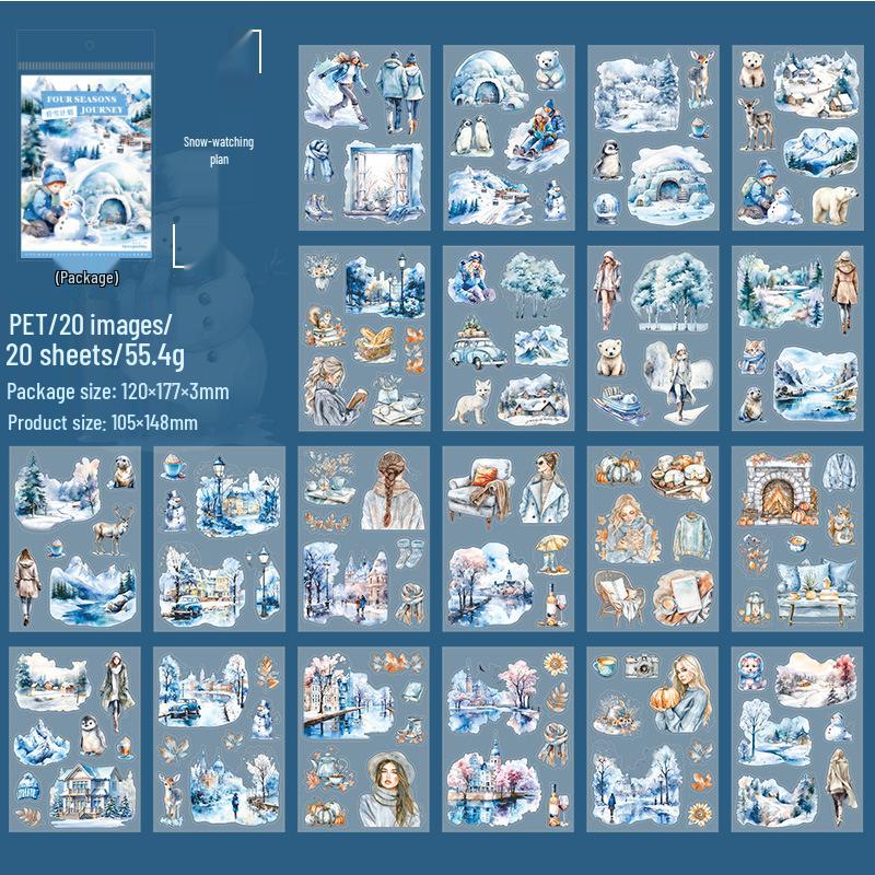 

Книга стікерів «Подорож чотирьох сезонів» з вирізкою: Ретро-пейзажі на тему подорожей у 4 стилях