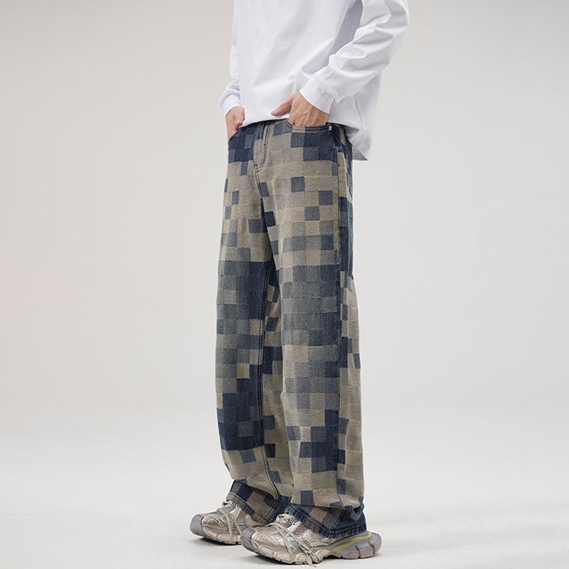 Mosaic Grid Jeans: Men's High Street Fashion Straight Wide-Leg Pants