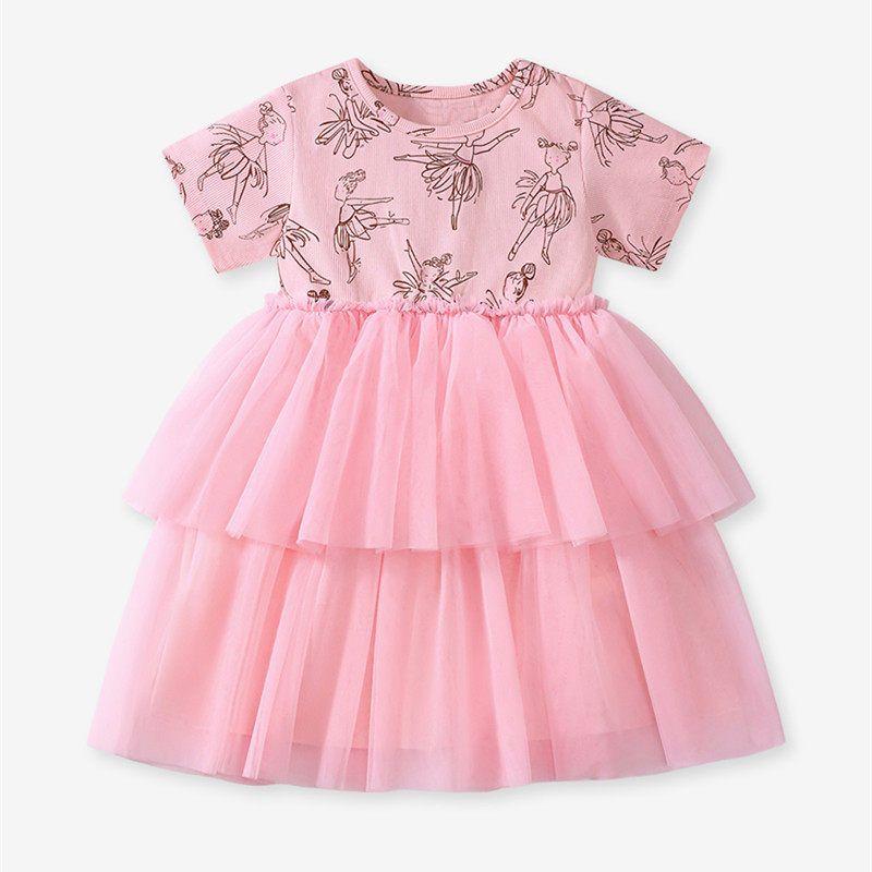Girl Pink Short Sleeve Dress Baby Mesh Bubble Skirt Kids Pure Cotton Summer Dress Infant Formal Dress