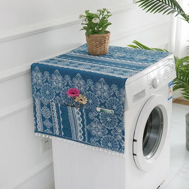 Drum Washing Machine Cover Dustproof Refrigerator Microwave Oven Cover with Pocket Protector Printing Cotton Household Dustcover