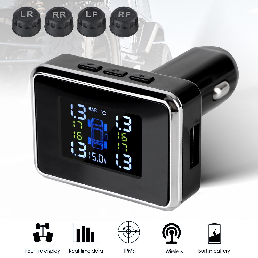 Bilalarmsystem Trådlöst Universellt TPMS Biltillbehör Bil-TPMS USB Digital TPMS Däcktrycksalarmsystem Cigarettändare Sensorer