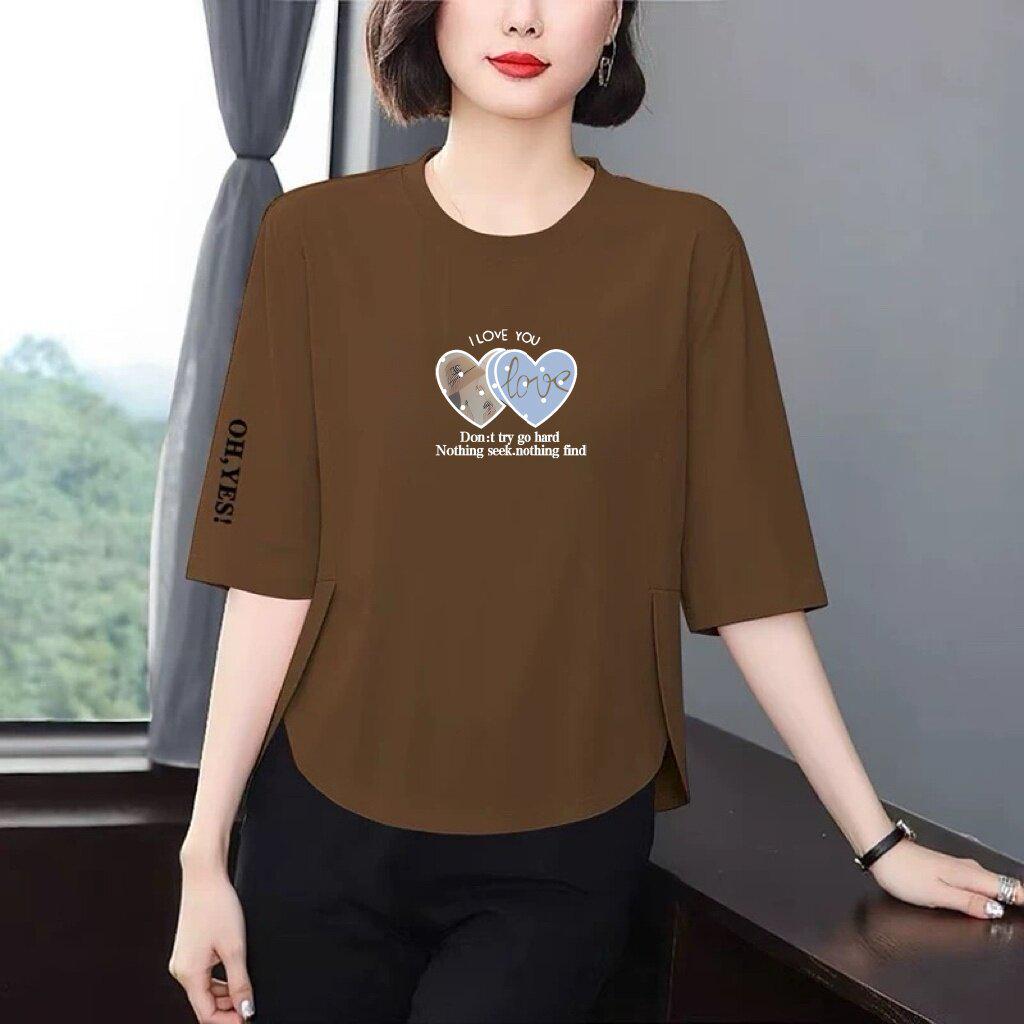 

Chic Heart Print 3/4 Sleeve T-Shirt: Slimming, Belly-Covering, Age-Reducing Top for Middle-Aged & Elderly Women 2XL