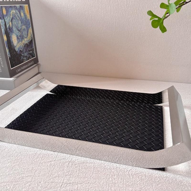 Stainless Steel Organizer Tray Leather Woven Storage Trays Modern Luxury Decorative Tray Rectangular Accessory Trays with Handle