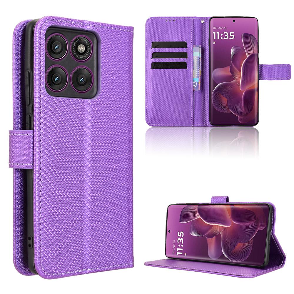 

For Motorola Edge 60 Pro 5G Leather Wallet Case with Strap Diamond Texture Phone Cover Purple
