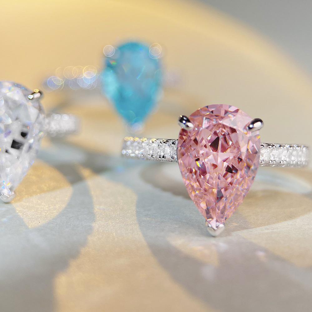 Nine Beauty Jewelry Teardrop Zircon Ring: S925 Sterling Silver, Pink High-Carbon Diamond, European & American Ice Flower Cut.