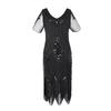 1920s Gatsby V-neck Evening Gown with Embroidered Beading and Sequins Short Sleeve Formal Dress