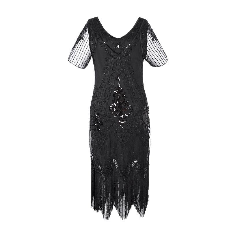 1920s Gatsby V-neck Evening Gown with Embroidered Beading and Sequins Short Sleeve Formal Dress