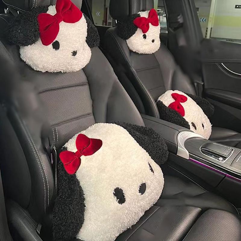 Niedliches schwarz-weißes Hunde-Auto-Kopfstützenkissen aus Plüsch, bequem und bequem