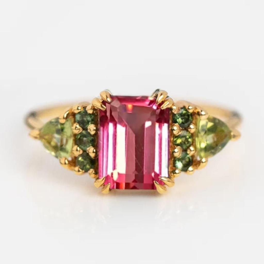 Emerald cut Pink Tourmaline Engagement Ring: Peridot Cluster 925 Sterling Silver Ring: Art Deco Bridal Wedding Jewelry Gift For women