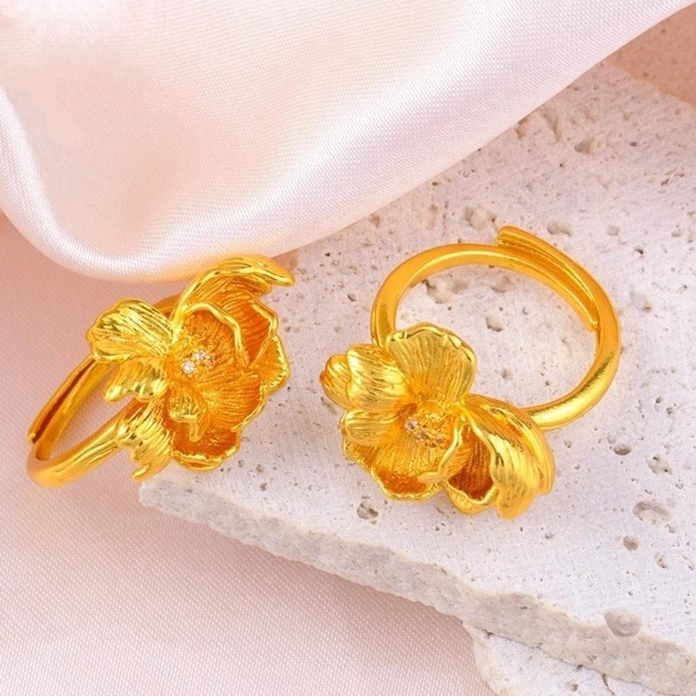 Gold Plated Peony Rhinestone Rings Copper Gold Jewelry Accessories Floral Adjustable Ring Gift