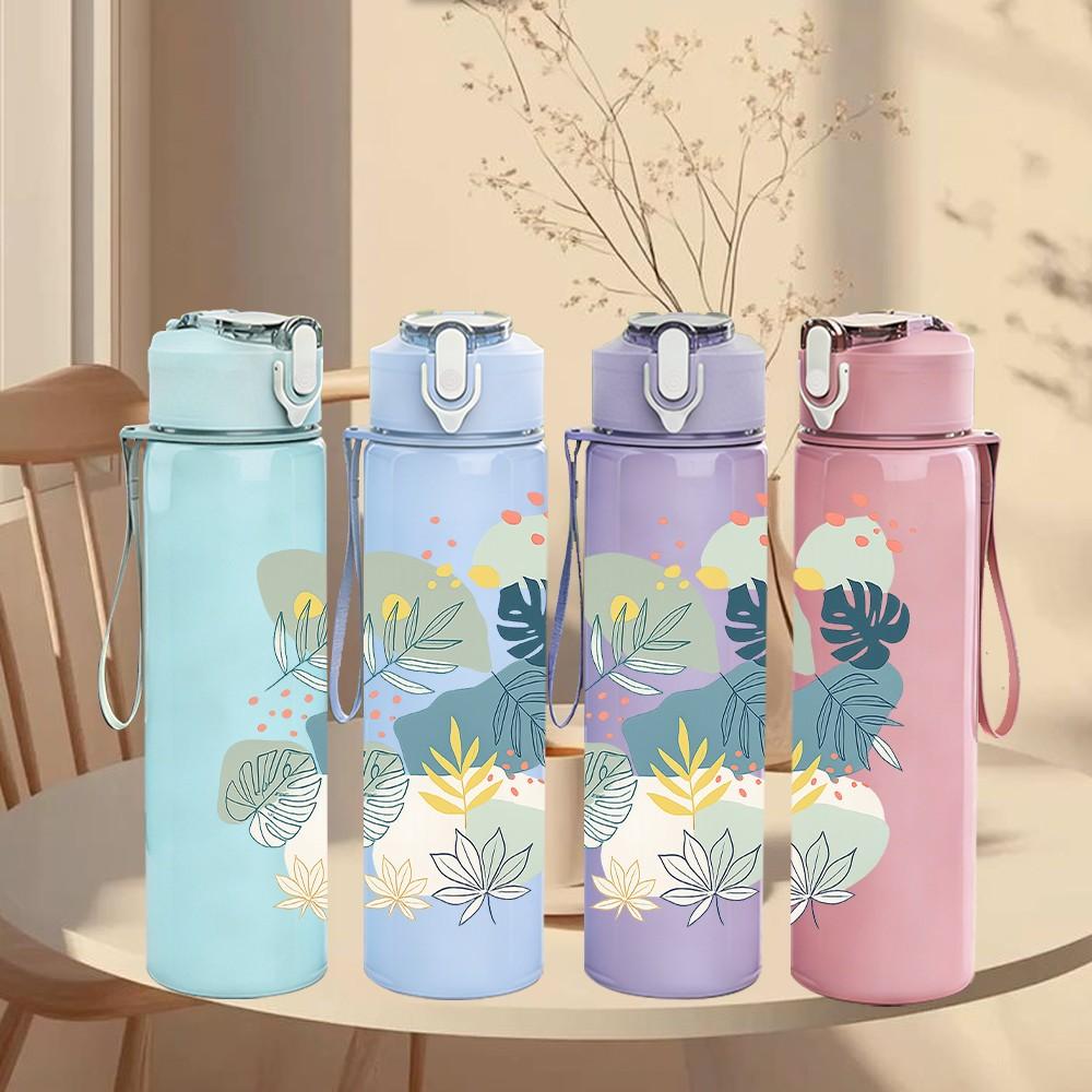 1PC Soft Pastel Leaf Plant Art Print 750ml Color Plastic Sports Water Bottle Leakproof Flip Straw Lid Suitable for Sports Office Home Use