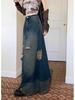 American Retro Plus Size Ripped Denim Midi Skirt for Women - High Waist, Slimming, Niche Design
