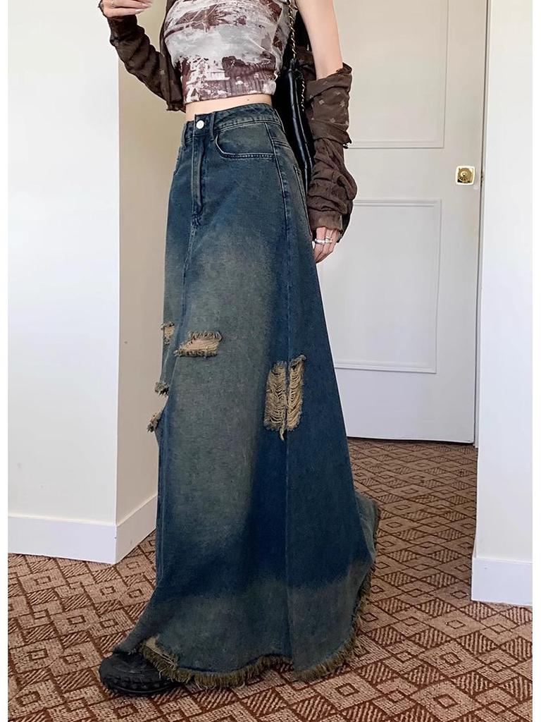 American Retro Plus Size Ripped Denim Midi Skirt for Women - High Waist, Slimming, Niche Design