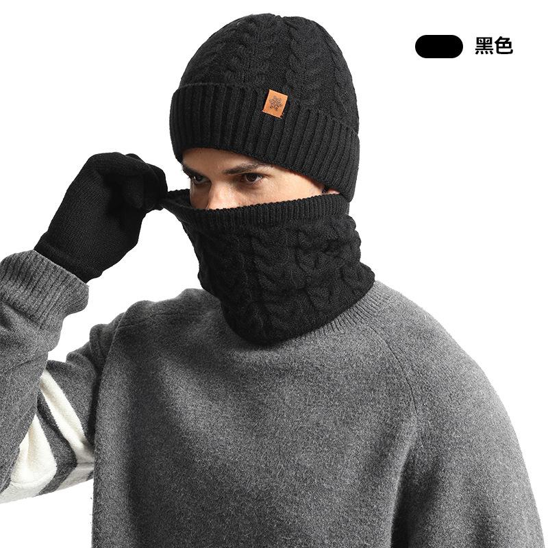 Winter men's knitted hat, fleece, cold-proof wool, warm outdoor hat, scarf and gloves three-piece set