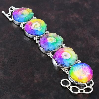 Rainbow Solar Quartz Druzy Bracelet Handmade Gemstone Jewelry 925 Sterling Silver Bracelet Adjustable Chain Bracelet Engagement Gift For Her