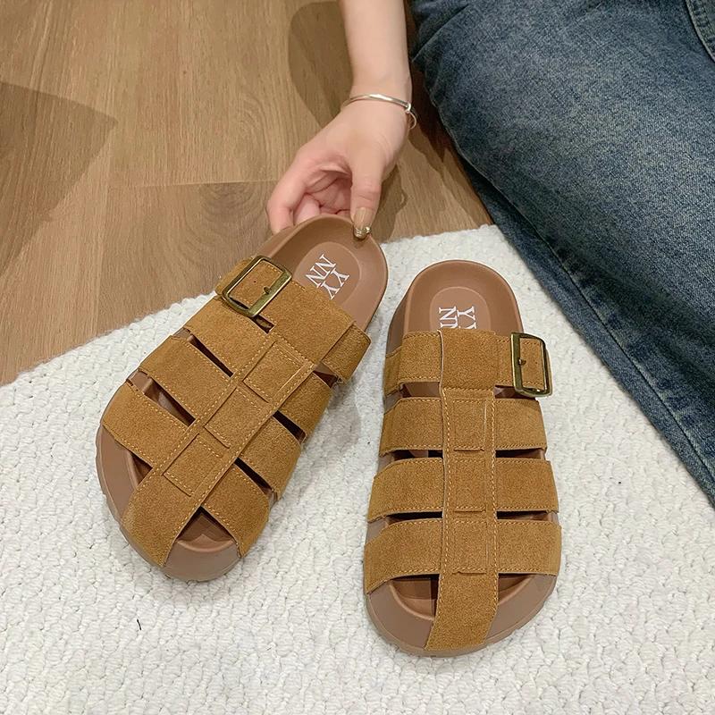 Fashion 2024 New Fashion Summer Baotou Semi-slippers Women's Platform Soles Woven Roman Beach Sandals Hollow Breathable Sandals Mules