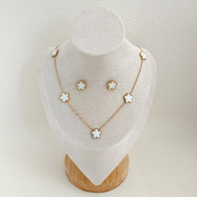 Double-sided Plant  Flower Necklace Earrings Zircon Set for Women Stainless Steel Water Proof Clover Zircon Gifts