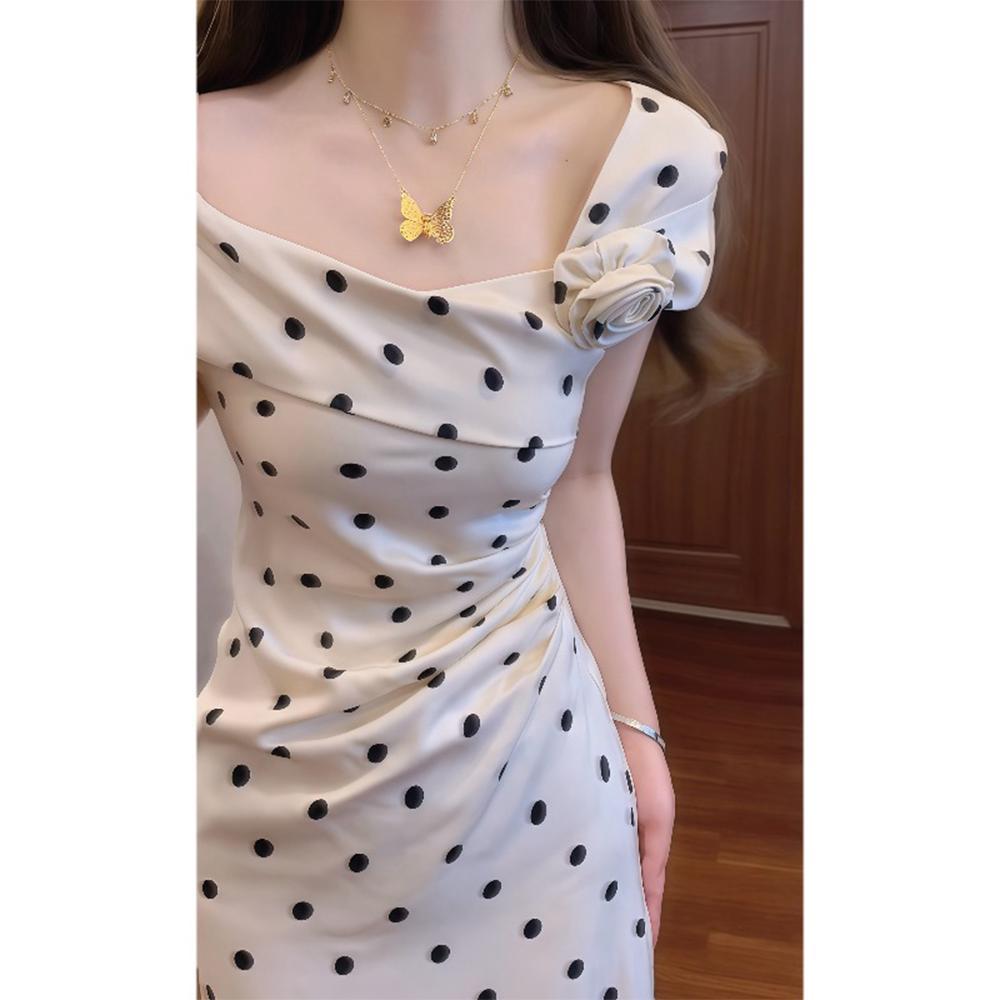 French Retro Women's Summer New Temperament Waist Slim Long Skirt Polka Dot Suspender Dress Elegant Fashion Women