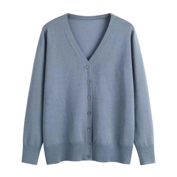 Women Long Sleeve V Neck Knitted Cardigan Solid Color Ribbed Trim Warm Sweater Coat Single Breasted