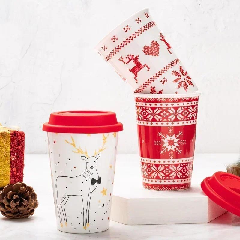 420ml Christmas Ceramic Gift Cup Anti Scalding TESCO Group Milk Tea Coffee Cup Christmas Mug with Lid Coffee Cup Set