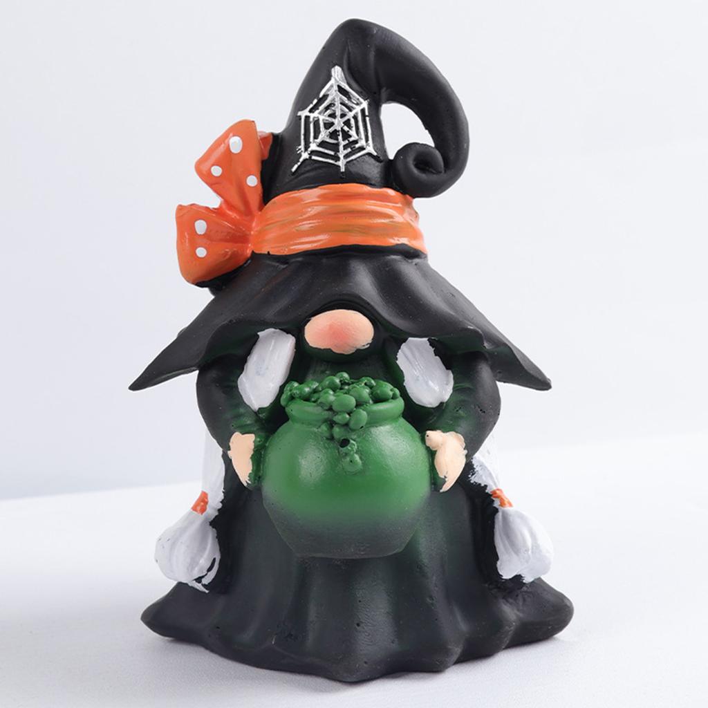 Halloween Gnome Witches Decoration, Black With Orange Bows, Handmade Table Decor With Cauldron, Spooky Resin Statue Scandinavian Gnomes