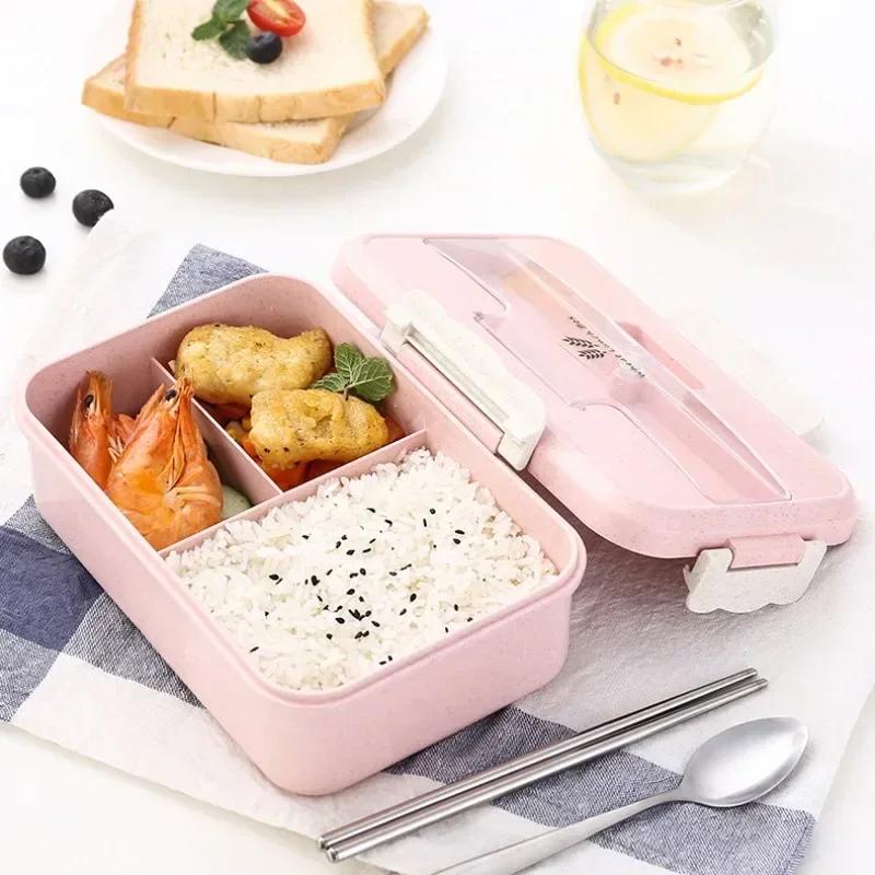 Microwave Lunch Box for Children Portable School Office Bento Box with Tableware Spoons Chopsticks Wheat Straw Food Box