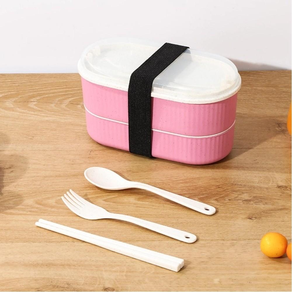 Portable Double Layer Lunch Box with Fork and Spoon Microwave Food Storage Boxes Leakproof High Capacity Dinnerware Set