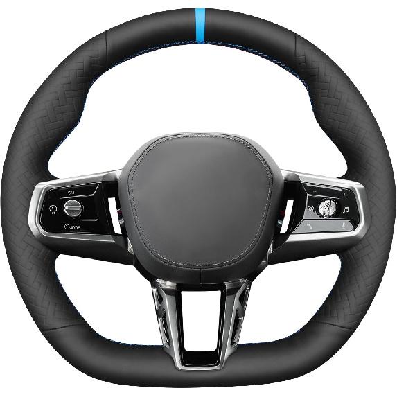 

MEWANT DIY Black Solid Embossed Faux Leather Steering Wheel Cover for BMW 5 Series G60 2024 7 Series G70 2024 i5 G60 Black Smooth&Woven Emboss
