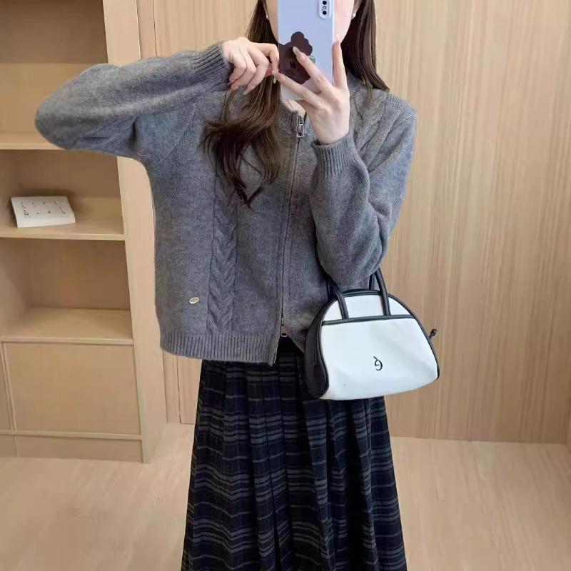 Simple style design double zipper twist sweater jacket women's autumn and winter new versatile thick knitted cardigan women