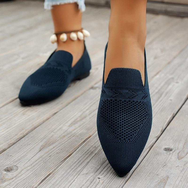 Women's Flyknit Pointed Toe Loafers - Low-Cut Slip-On Casual Flats, Breathable Comfort Shoes