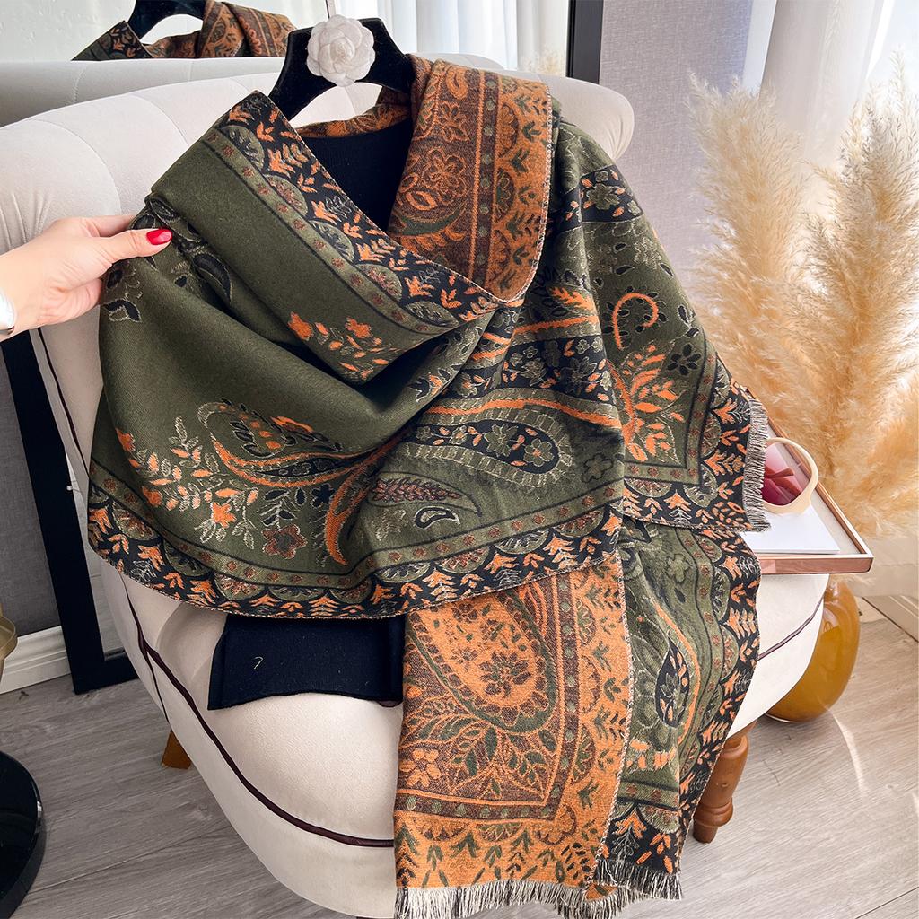 New Women's Faux Cashmere Double-Sided Print Scarf Soft Cozy Pashmina Shawl Autumn Winter Cold-Resistant Windproof Blanket