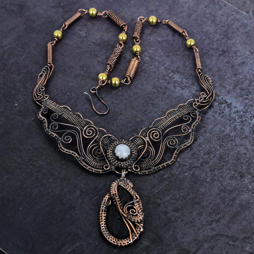 Black Tourmaline, Moonstone Gemstone Copper Wire Wrap Jewelry Necklace 18" C7j22