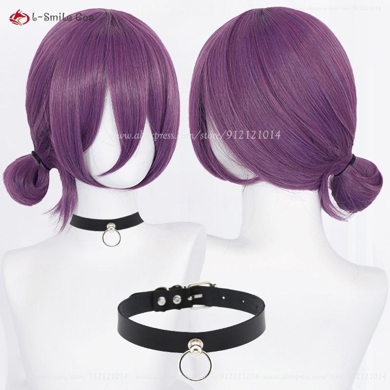 Anime Rezee Cosplay Paruka 45cm Fialová Paruka s Chokerem Anime Cosplay Kostým Dámské Rezee Paruky Tepelně Odolné Syntetické Vlasy