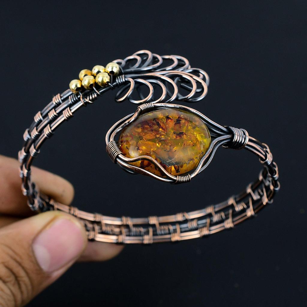 Baltic Amber Bangle, 999 Copper Wire Wrapped Gemstone Jewelry, Handmade Bangle For Memorial Day